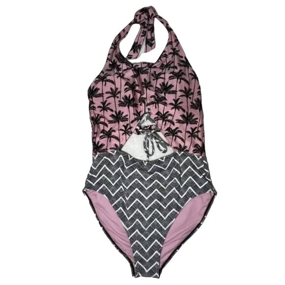 Cute Gray Pink One Piece Peeking Tummy Swimsuit Chevron Palm Tree Pattern Size M - Picture 1 of 10